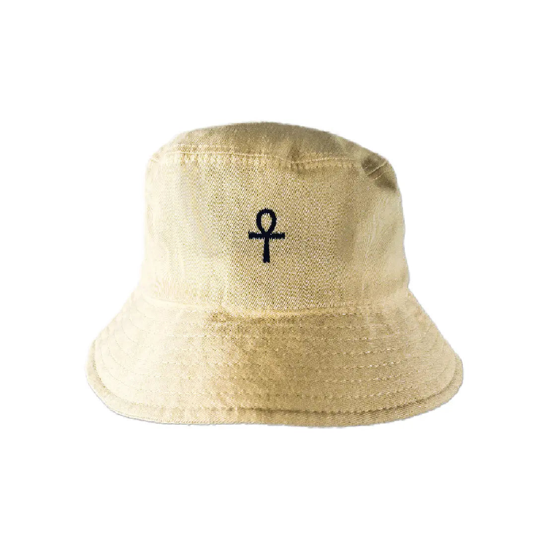 Back view of the Crème Bucket Hat showing the black embroidered Ankh symbol.